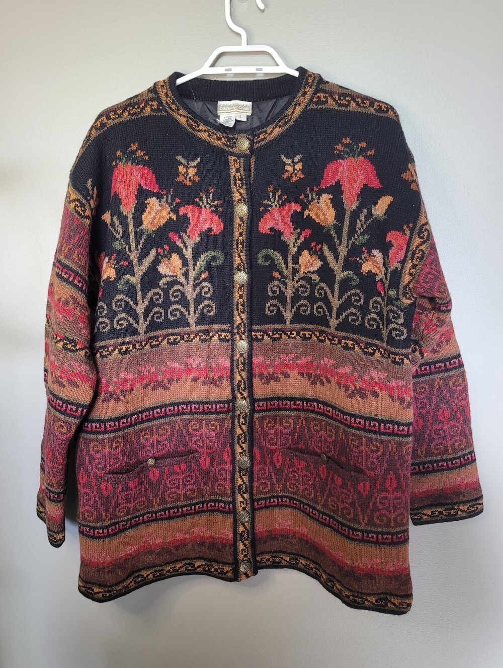 Vintage Icelandic Design Wool Cardigan Jacket L Floral Folklore Cottagecore Cozy